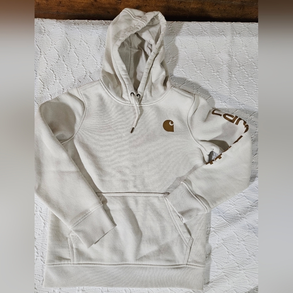 Carhartt Women's Cream Pullover Hoodie with Brown Logo Size S